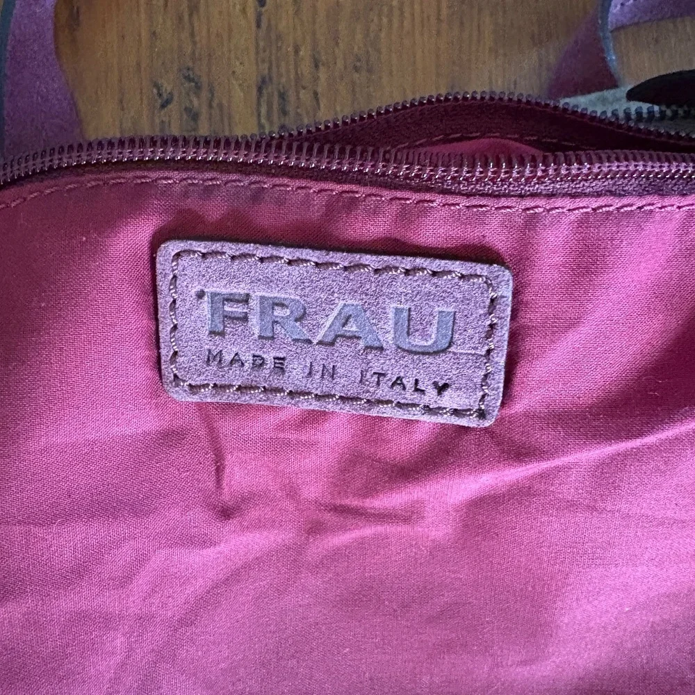 Frau Wool and Suede Tote Bag , Tan and Black Herringbone, Wine/Purple Italy